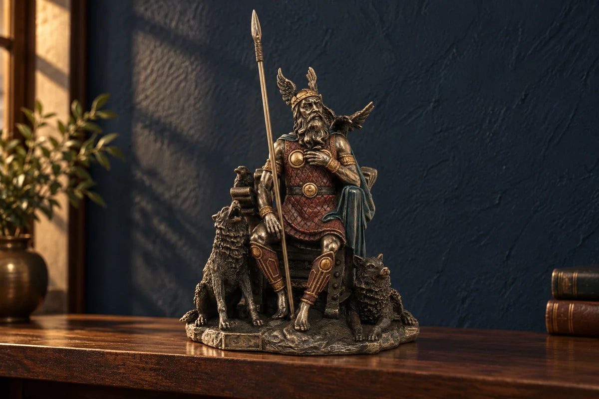 Odin sculpture displayed on a walnut surface