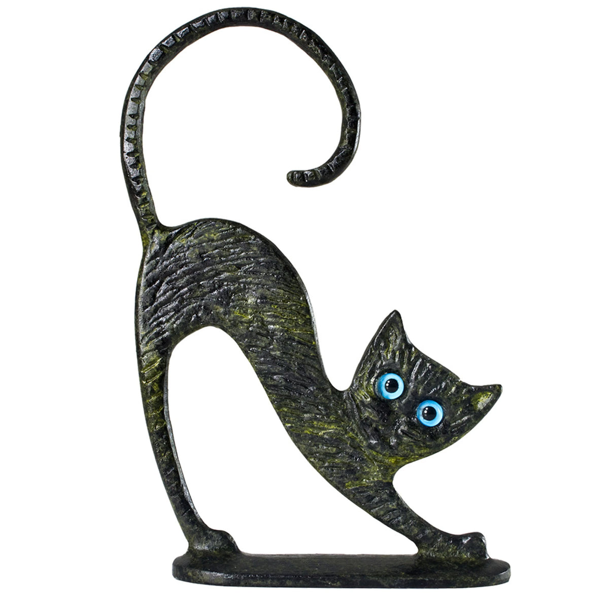 Crouching Cat on Base – Bronze Sculpture – 11 cm – Dark Green
