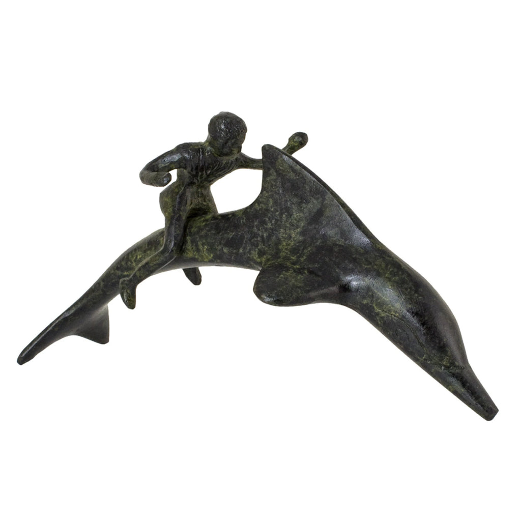 Dolphin with Boy Rider – Bronze Sculpture – 8 cm – Dark Green