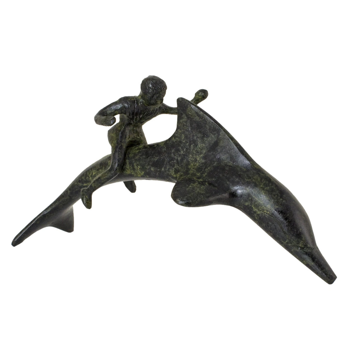 Dolphin with Boy Rider – Bronze Sculpture – 8 cm – Dark Green