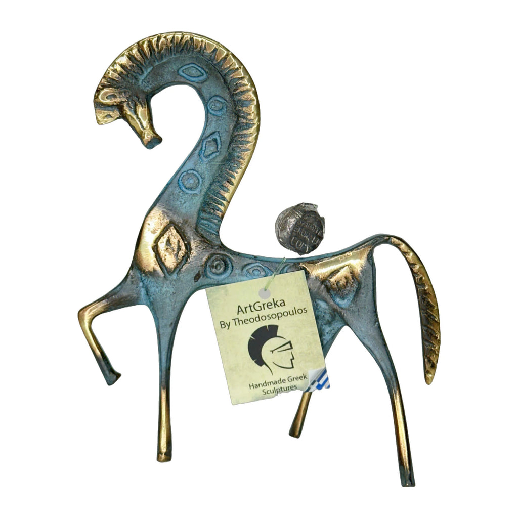 Horse with Lowered Head – Bronze Sculpture – 19 cm – Blue & Gold