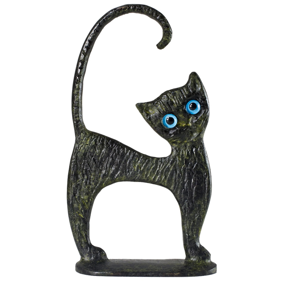 Cat on Base – Bronze Sculpture – 9 cm – Dark Green