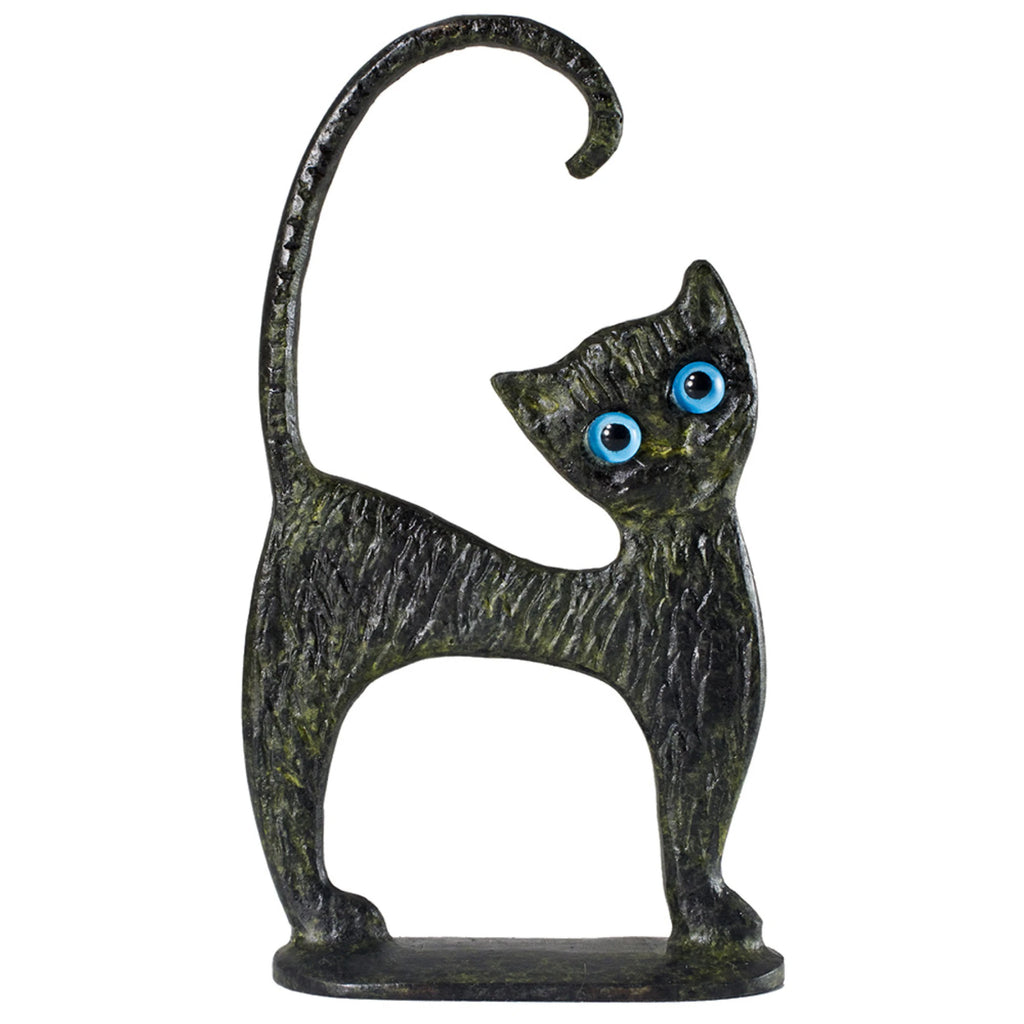 Cat on Base – Bronze Sculpture – 11 cm – Dark Green
