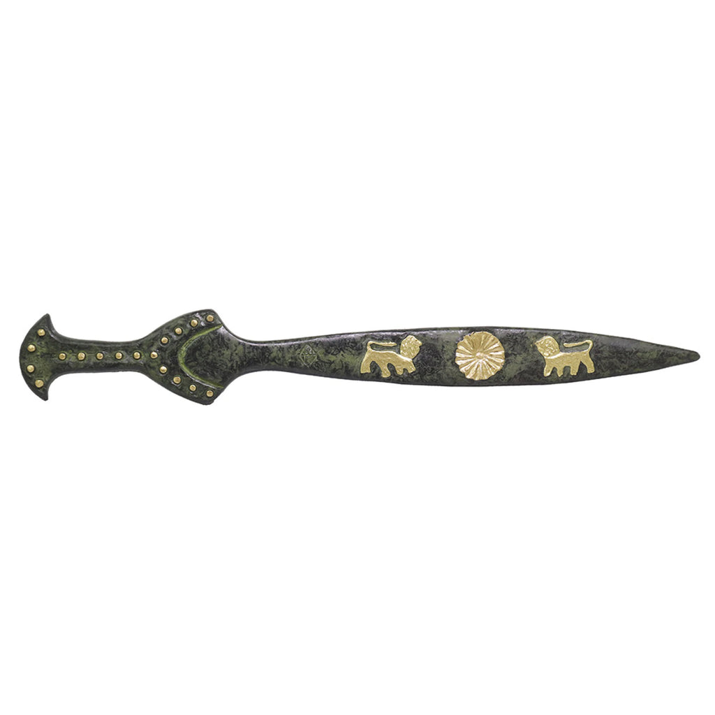 Decorative Sword with Lions on Marble Base – 13 cm – Dark Green