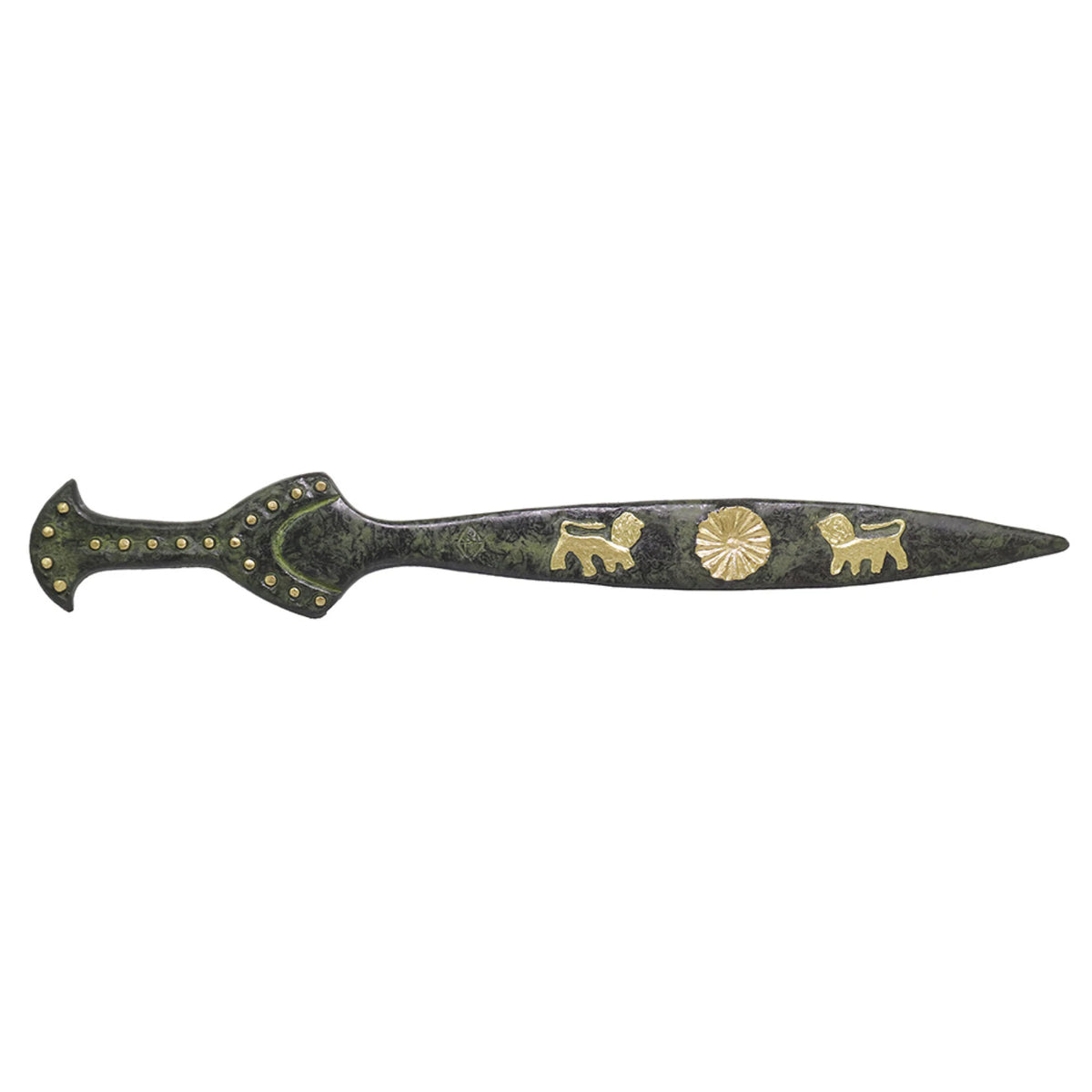 Decorative Sword with Lions on Marble Base – 13 cm – Dark Green