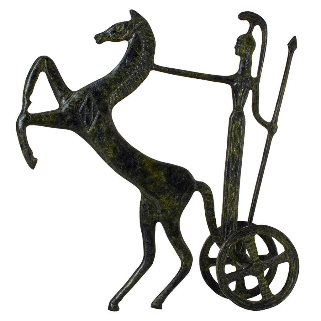 Athena in a Chariot with a Rearing Horse – Sculpture – 19 cm – Dark Green