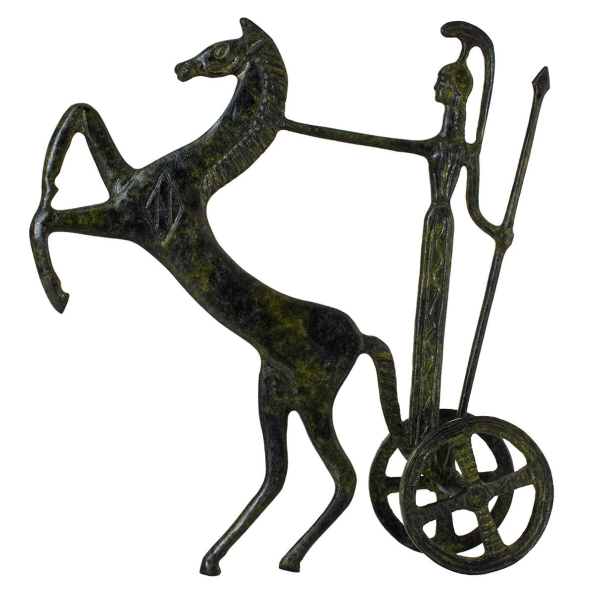 Athena in a Chariot with a Rearing Horse – Sculpture – 19 cm – Dark Green