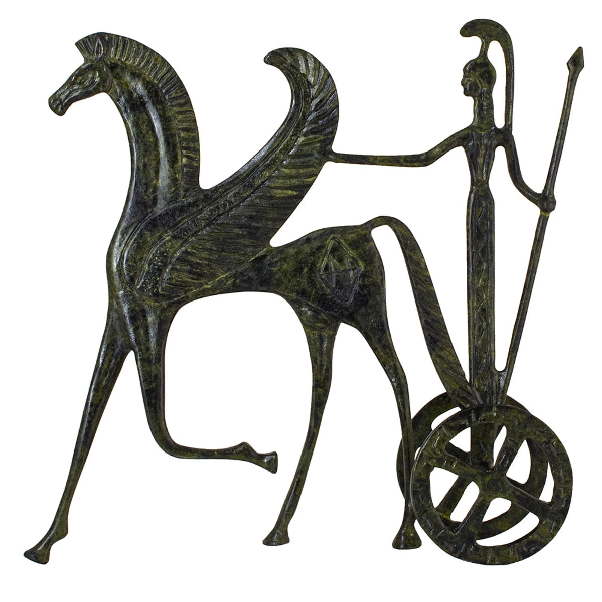 Athena in a Chariot with Pegasus – Bronze Sculpture – 21 cm – Dark Green