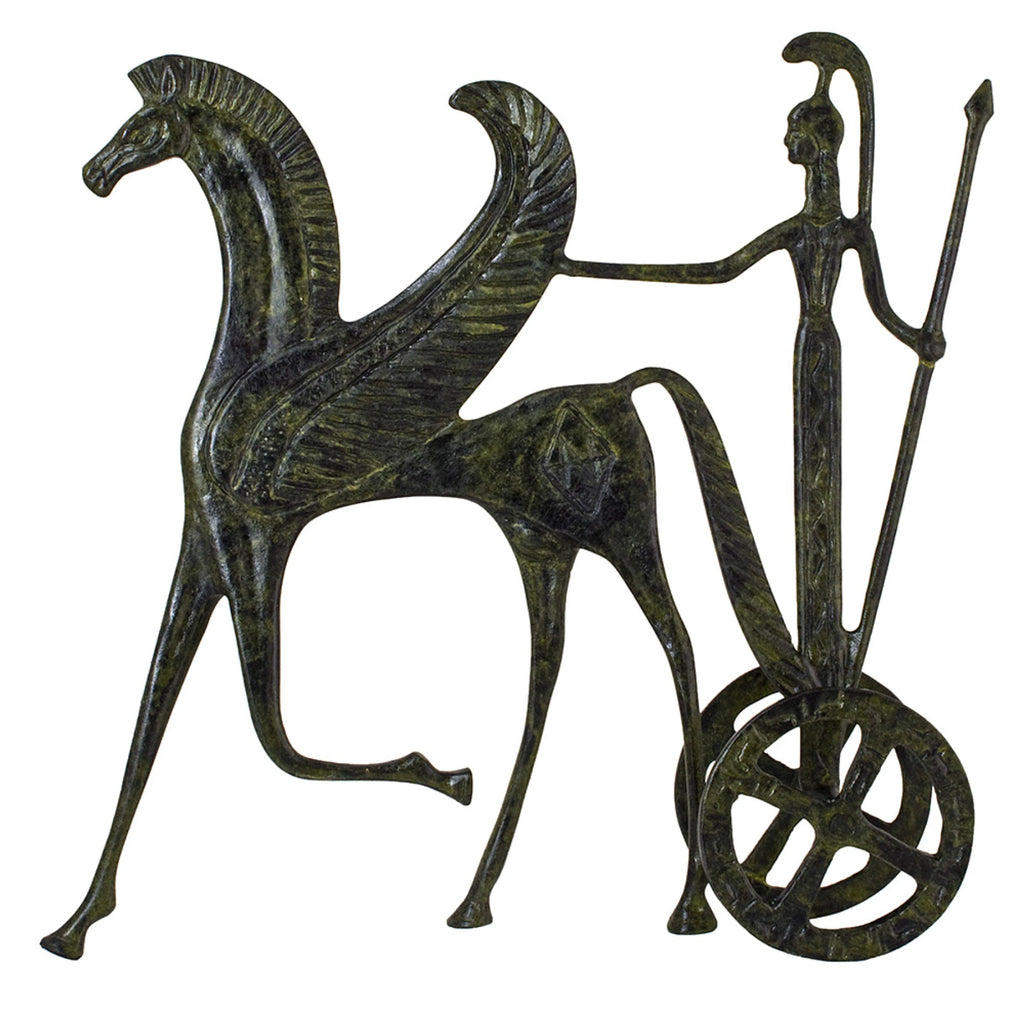 Athena in a Chariot with Pegasus – Bronze Sculpture – 30 cm – Dark Green