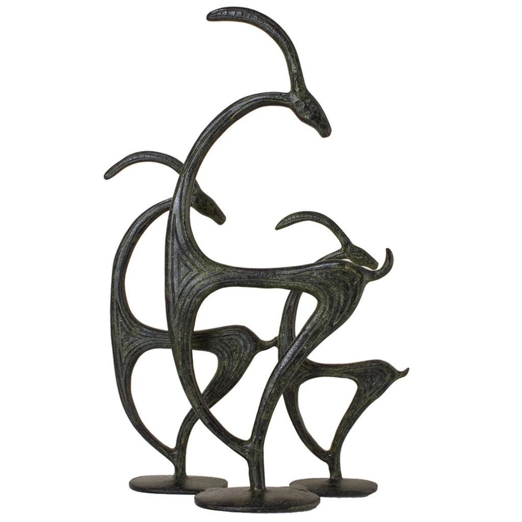 Three Cretan Kri-Kri Goats – Bronze Sculpture – 23 cm – Dark Green