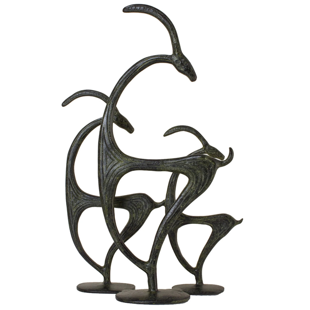 Three Cretan Kri-Kri Goats – Bronze Sculpture – 23 cm – Dark Green