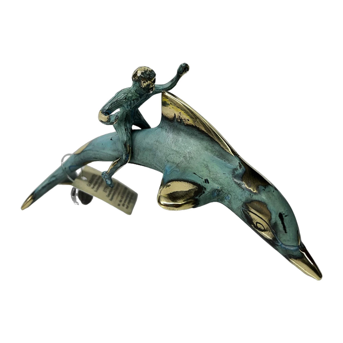Dolphin with Boy Rider – Bronze Sculpture – 8 cm – Blue & Gold
