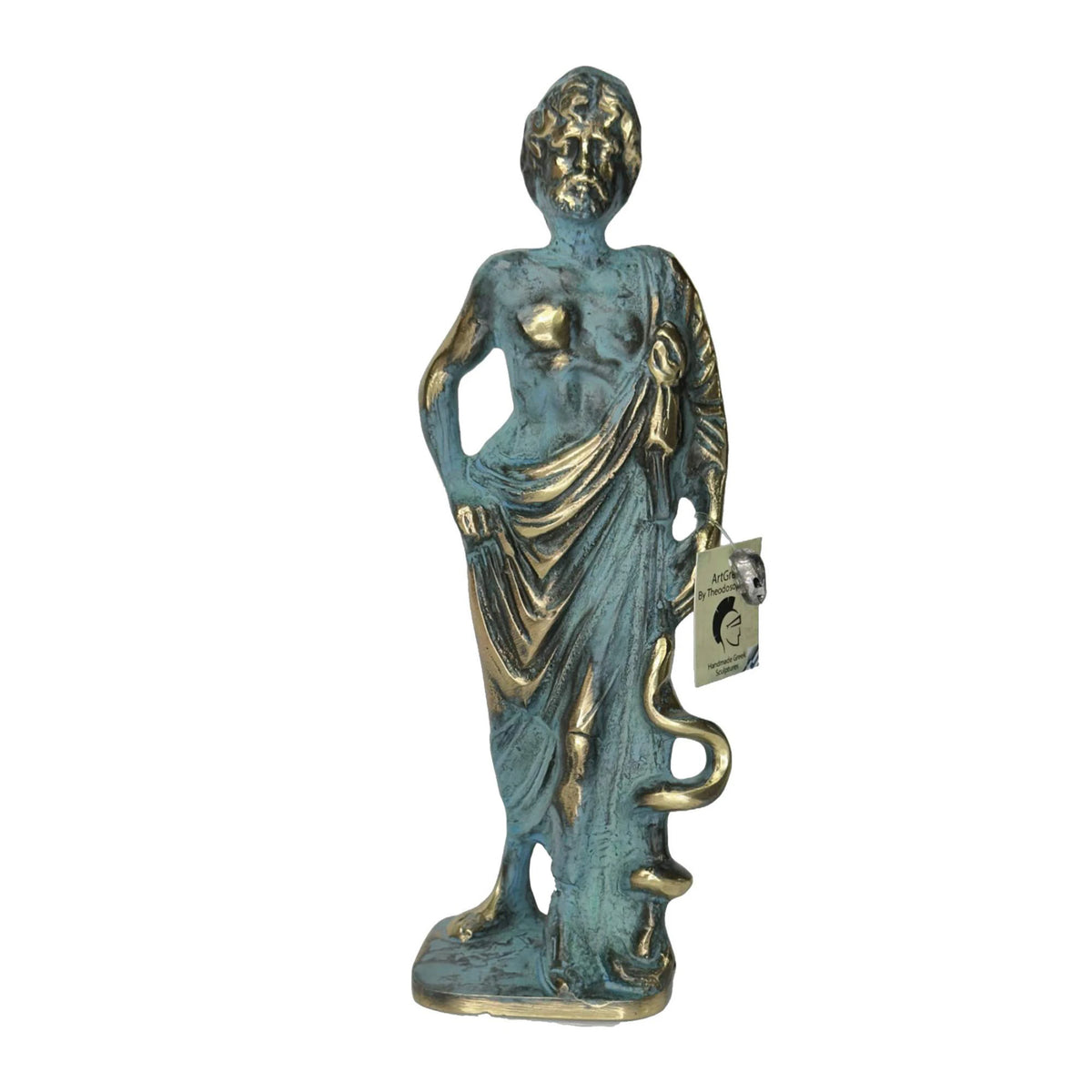 Asclepius – Solid Bronze Sculpture – 11 cm – Blue & Gold