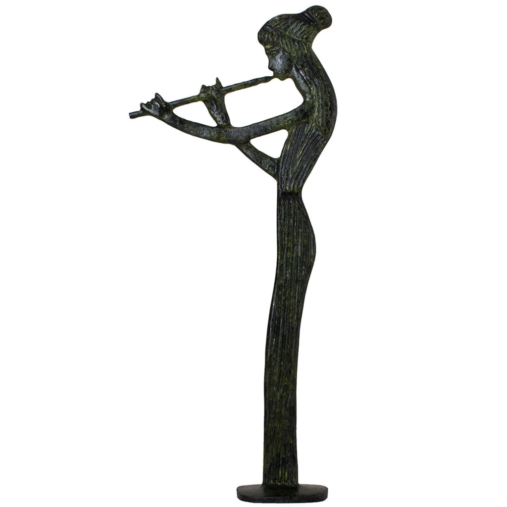 Woman Playing a Flute – Bronze Sculpture – 15 cm – Dark Green