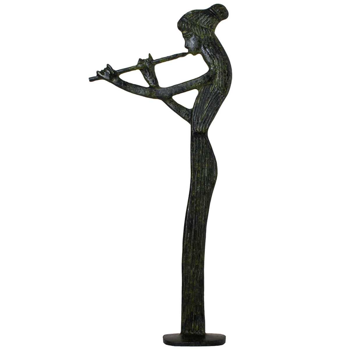 Woman Playing a Flute – Bronze Sculpture – 38 cm – Dark Green