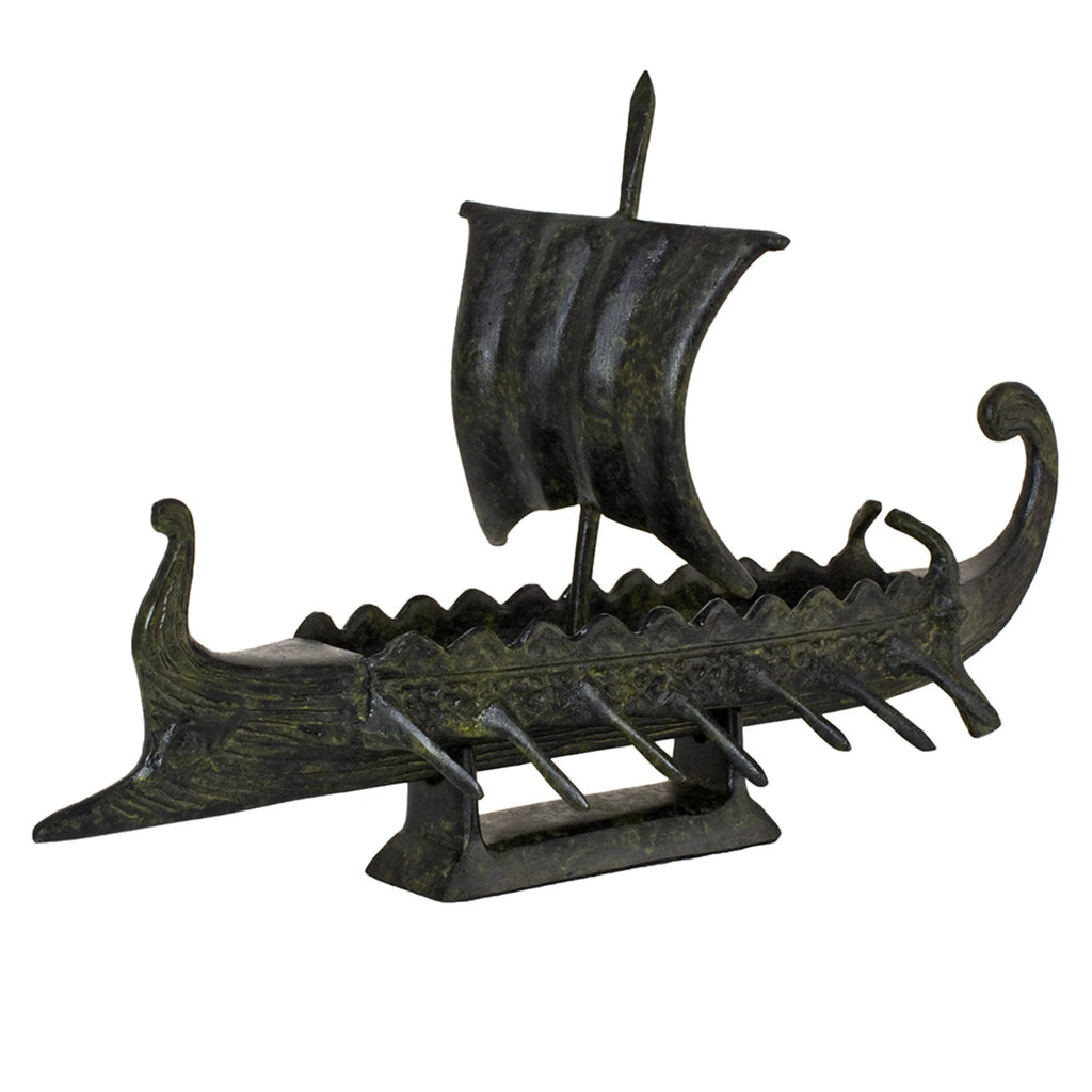 Small Ancient Greek Trireme – Bronze Sculpture – 14 cm – Dark Green