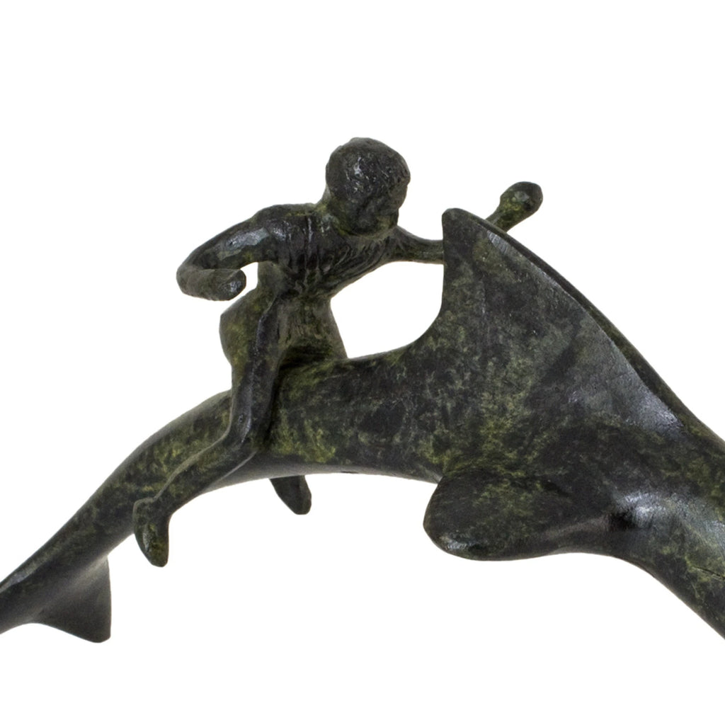 Dolphin with Boy Rider – Bronze Sculpture – 8 cm – Dark Green