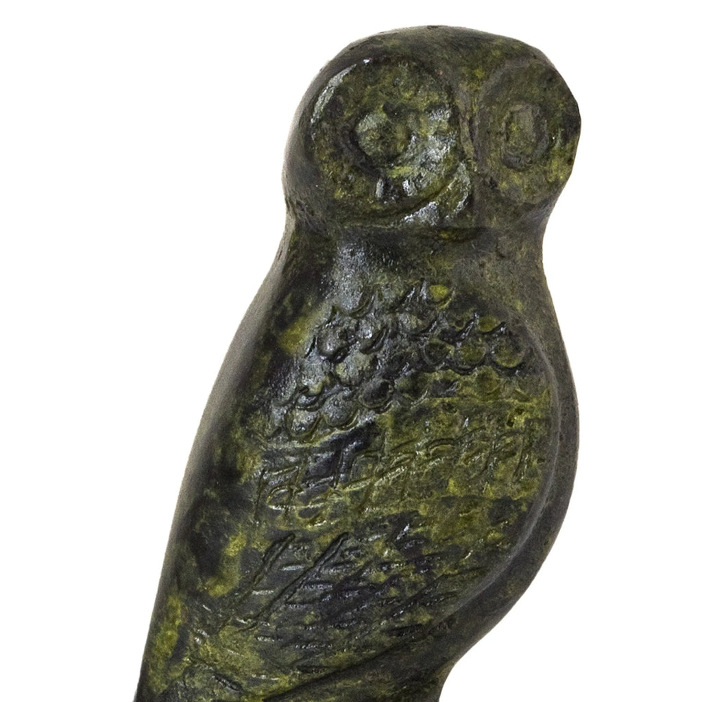 Owl with Tail – Solid Bronze Sculpture – 4 cm – Dark Green