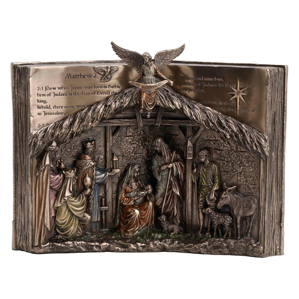 The Nativity on a Bible Base – Bronze-Finish Statue – 29.5 cm – view 1