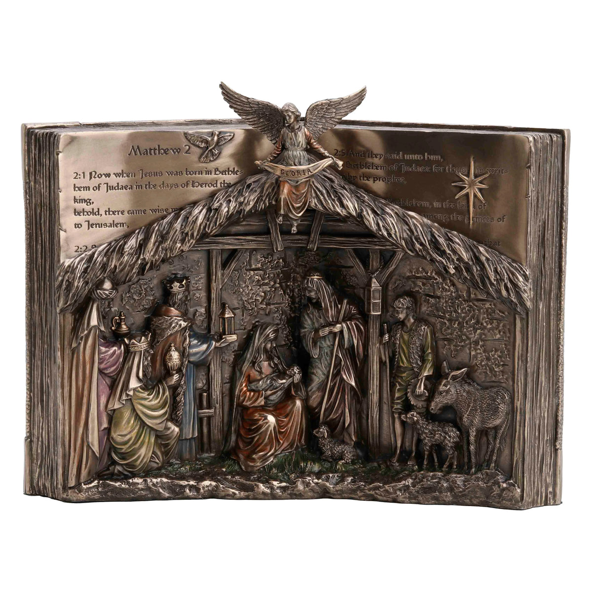 The Nativity on a Bible Base – Bronze-Finish Statue – 29.5 cm – view 1