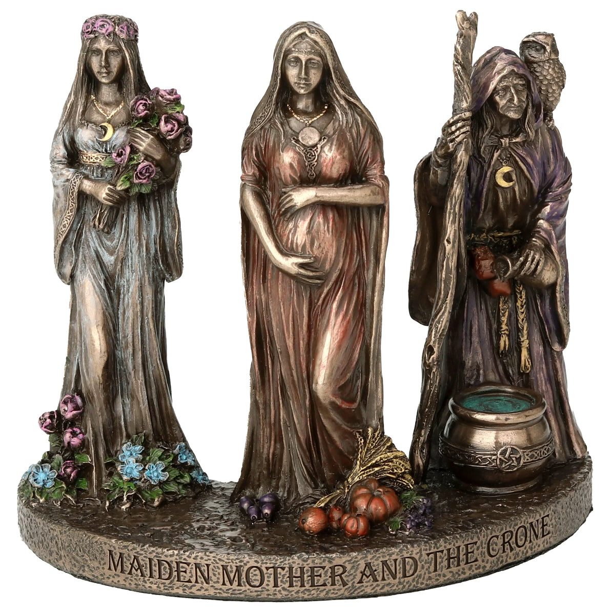 Triple Goddess — Maiden, Mother and Crone — Bronze Finish Statue, 12 cm – view 1