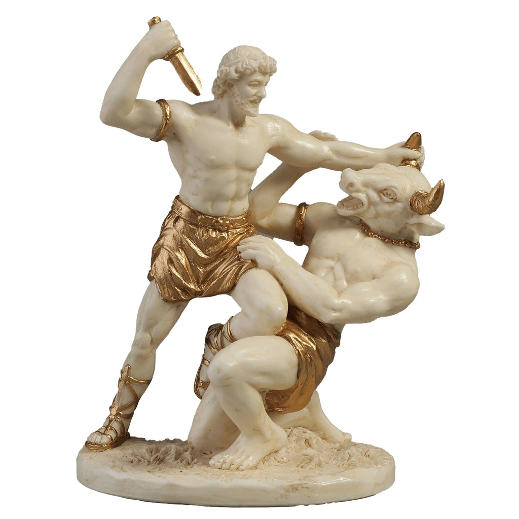 Theseus and the Minotaur – White and Gold Statue – 10 × 8 cm – view 1
